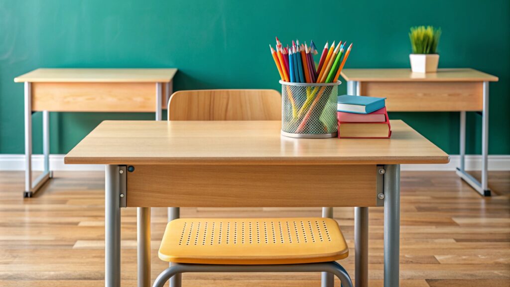 empty classroom desk with books and pencils.